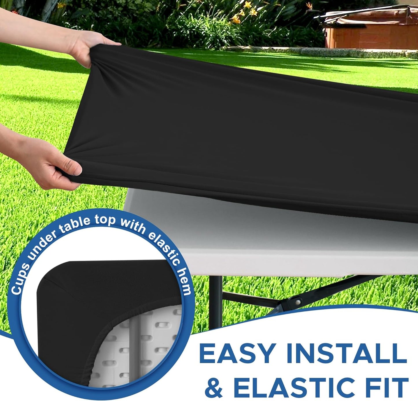 Fitted Tablecloth for 6 Foot Rectangle Tables-2 Pack Black Elastic Outdoor Picnic Table Cover-Spandex Stretch Folding Table Cloths 6 ft for Camping Dining Room Patio Kitchen Banquet Party