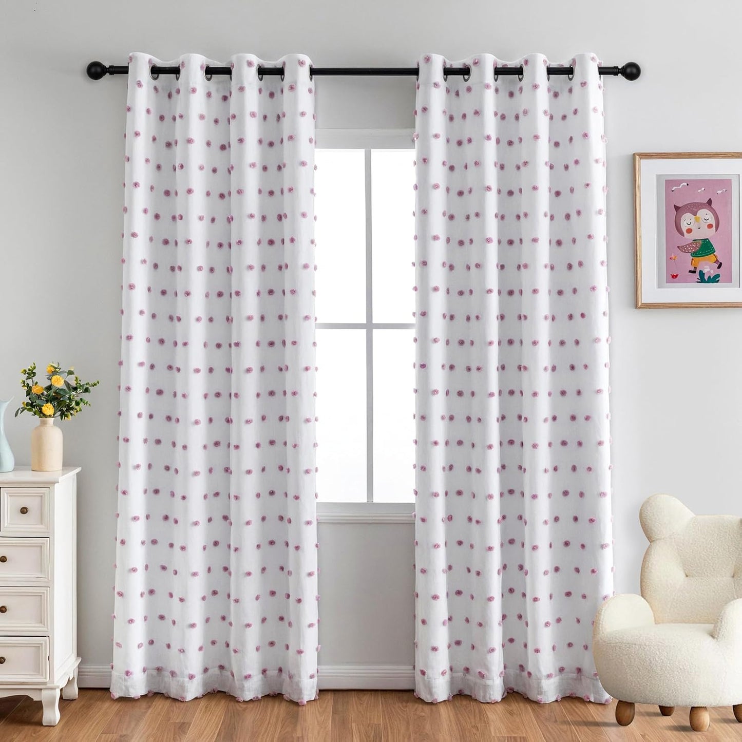 MYSKY HOME Total Blackout Curtains for Girls Bedroom with Purple Pom Pom Sheer 90 Inch Long 100% Light Blocking Curtains for Living Room 2 Panels Room Darkening Grommet Double Layer Drapes 52" x 90"