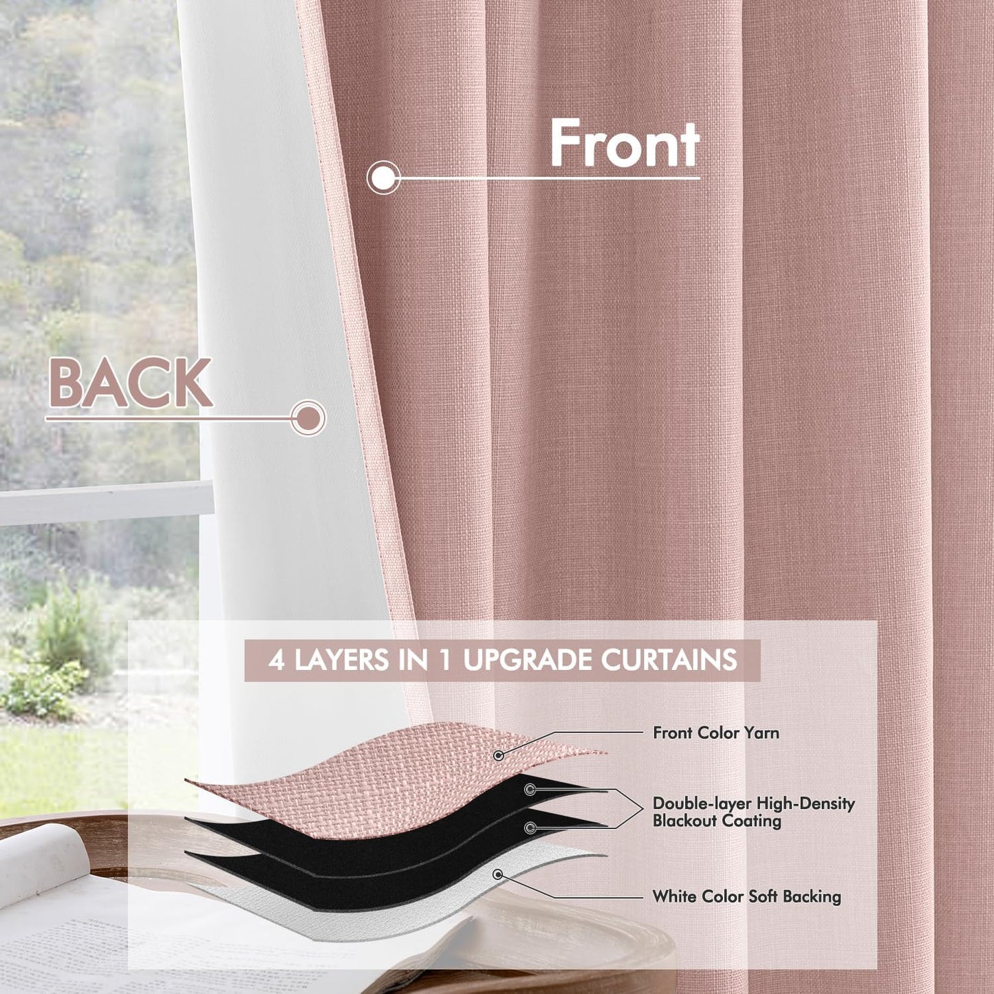 MIULEE 100% Blackout Curtains 90 Inch Long 2 Panels for Bedroom, Thick Luxury Faux Linen Black Out Curtain Room Darkening Back Tab Pleat Window Textured Drapes with Hooks for Living Room, Baby Pink