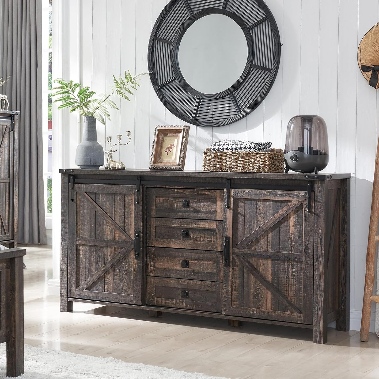 T4TREAM 60'' Farmhouse Dresser Chests for Bedroom w/4 Drawers & Sliding Barn Doors, Wide Dresser TV Stand, Tall Chest of Drawers, Rustic Dresser Organizer for Bedroom, Living Room, Dark Rustic Oak