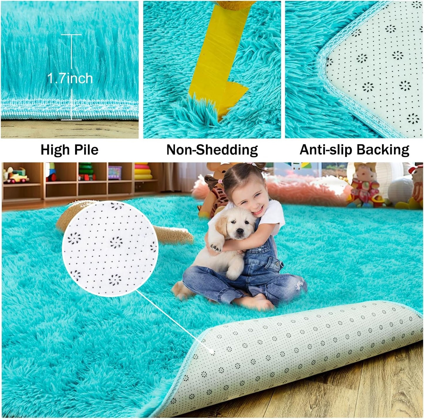 Rezutan Soft Fluffy Rug for Living Room Bedroom, Large Comfy Modern Shaggy Fuzzy for Plush Indoor Nursery Classroom Home Decor Bedside Rug with Non-Slip Bottom, Teal Blue, 5X7 Feet