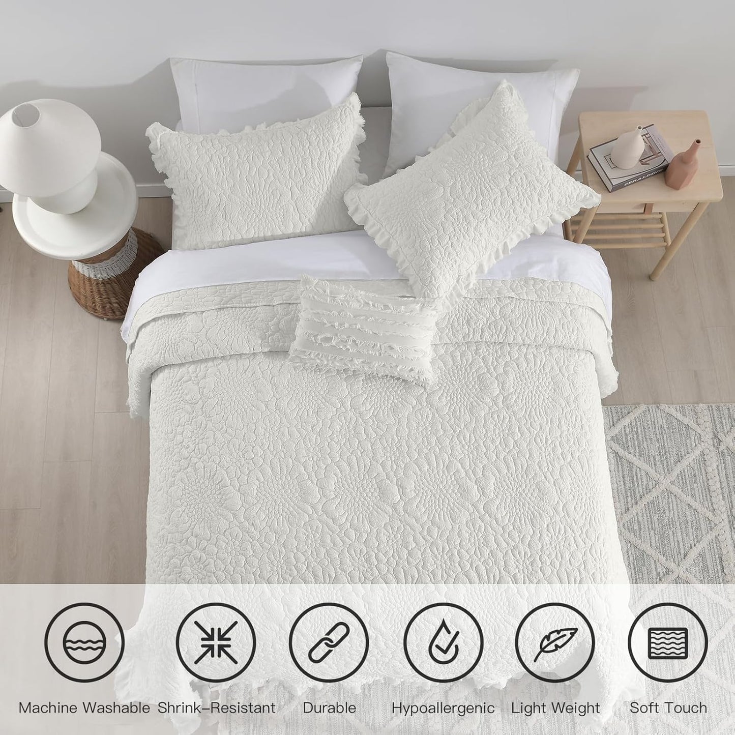 HORIMOTE HOME Cream White Ruffled Quilt Queen Size, Stone-Washed Microfiber Lightweight Crinkled Farmhouse Shabby Chic Bedding Set, 3 Pieces Reversible Bedspread with Pillow Sham for All Season