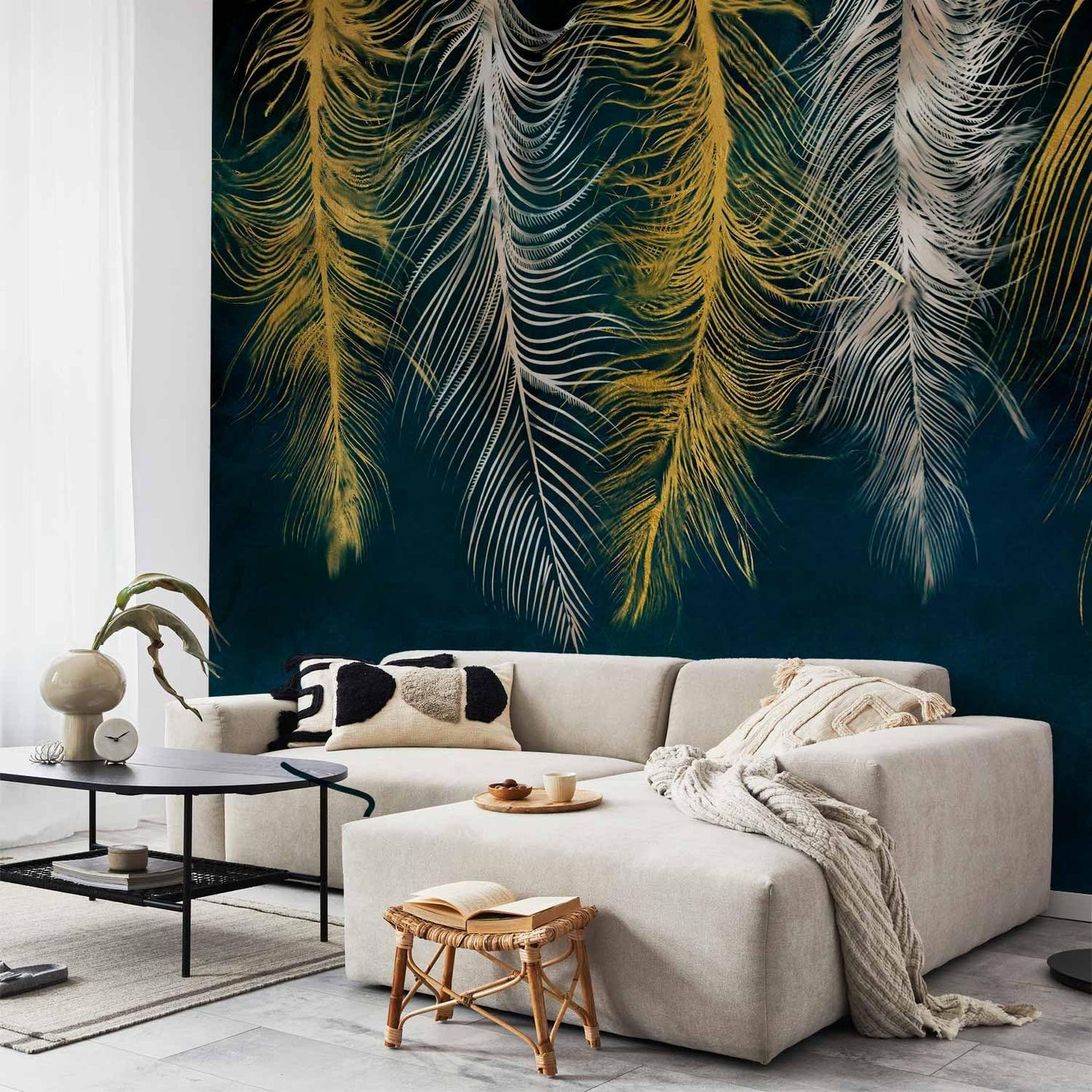 artgeist Wall Mural Feather 79x55 in - XXL Non-Woven Wallpaper Fleece Wall Decor Photo Print Picture Image Design Landscape Abstract Beige Navy Blue b-A-0812-a-a
