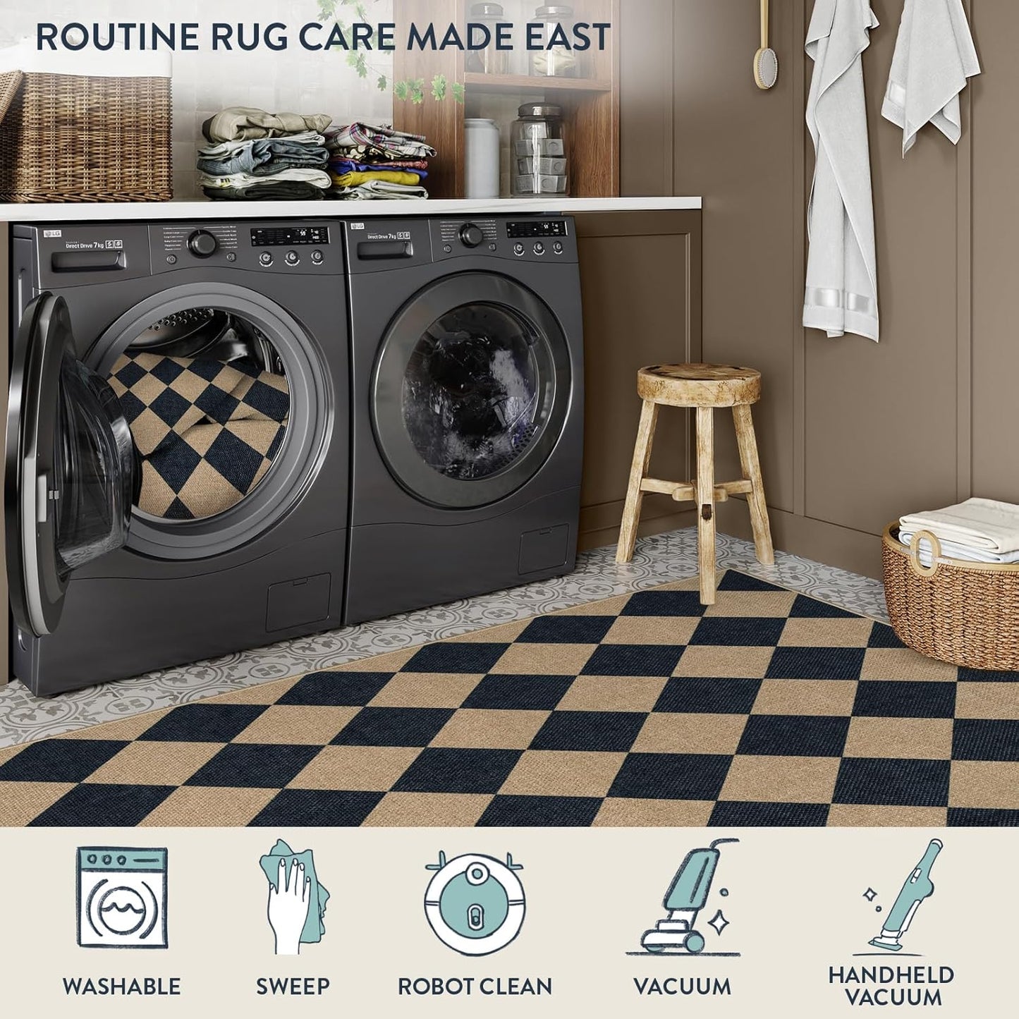 Lahome Checkered Round Entryway Rug 4ft, Circle Indoor Outdoor Patio Rug Washable Farmhouse Easy Jute Kitchen Rugs, Contemporary Non Slip Round Carpet for Bedroom Front Porch