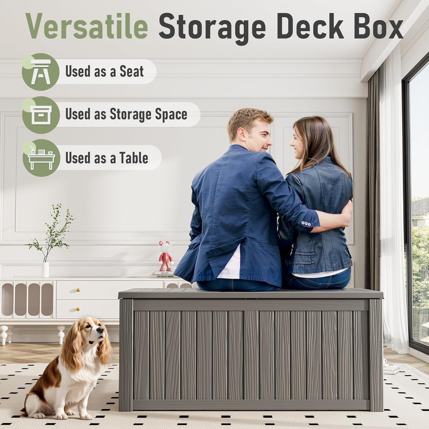 KAMABOKO Outdoor Storage Box, 120 Gallon Large Outdoor Resin Deck Box, Storage Waterproof Boxes Lockable Lid for Garden Tools, Pool Supplies, Patio Furniture and Cushions, Grey