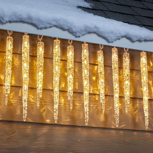 Minetom Icicle Lights Outdoor with Clips, 20ft 100 LED 20 Tubes Twinkling Crystal String Lights, Connectable Waterproof Hanging Icicle Christmas Lights Plug in for Eave Outdoor, Warm White
