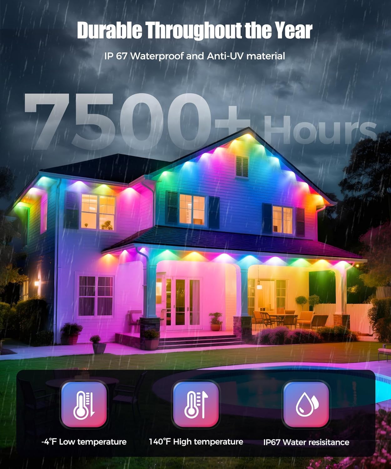 POOFZY Permanent Outdoor Lights for House, 100ft RGB+IC Smart Outdoor Decor, 50 Scene Modes, App/Remote Control, IP67 Waterproof, for Christmas, Holiday, Daily & Pool Party Decor, House Roof Lighting