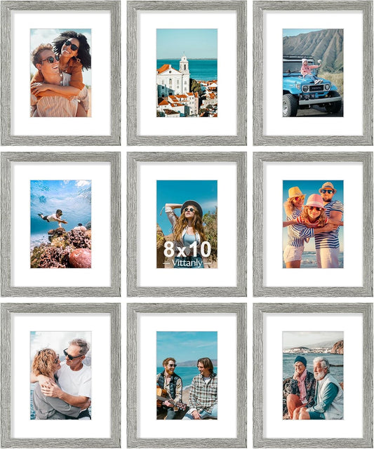 Vittanly 8x10 Picture Frames Set of 9, Shatter Resistant Plexiglass, Display 5x7 Pictures with Mat or 8x10 without Mat, Photo Frames for Wall or Tabletop, Engineered Wood, Grey