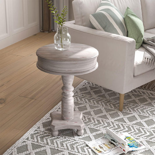 COSIEST Rustic Accent Side Table, Farmhouse Wood Pedestal Table Round End Table for Living Room, Bedroom, Distressed Whitewash Finish, Grey Color