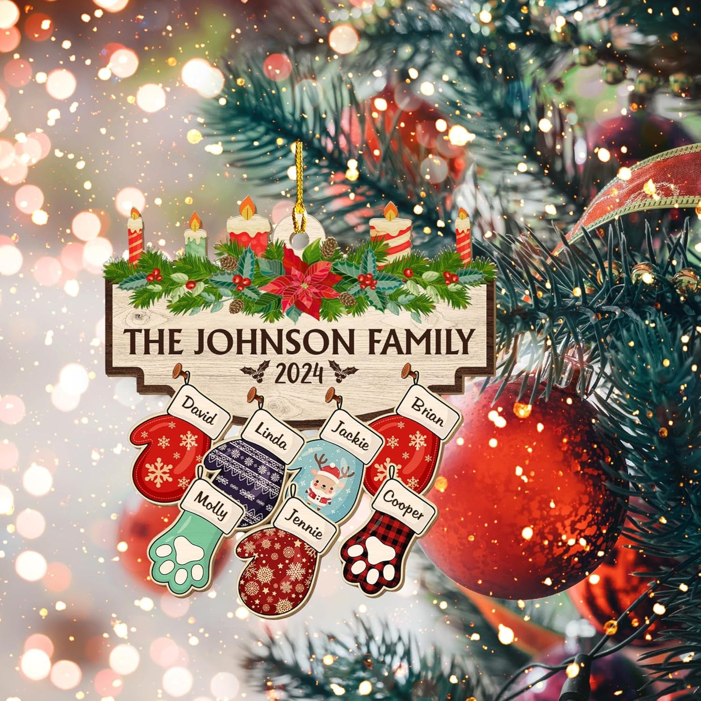 Family with Pet Ver 2 - Personalized Custom Wood Ornament, Family Gloves Christmas Ornament 2024, Xmas Ornament Gifts for Family Tree Decoration (A06, 10 Names)