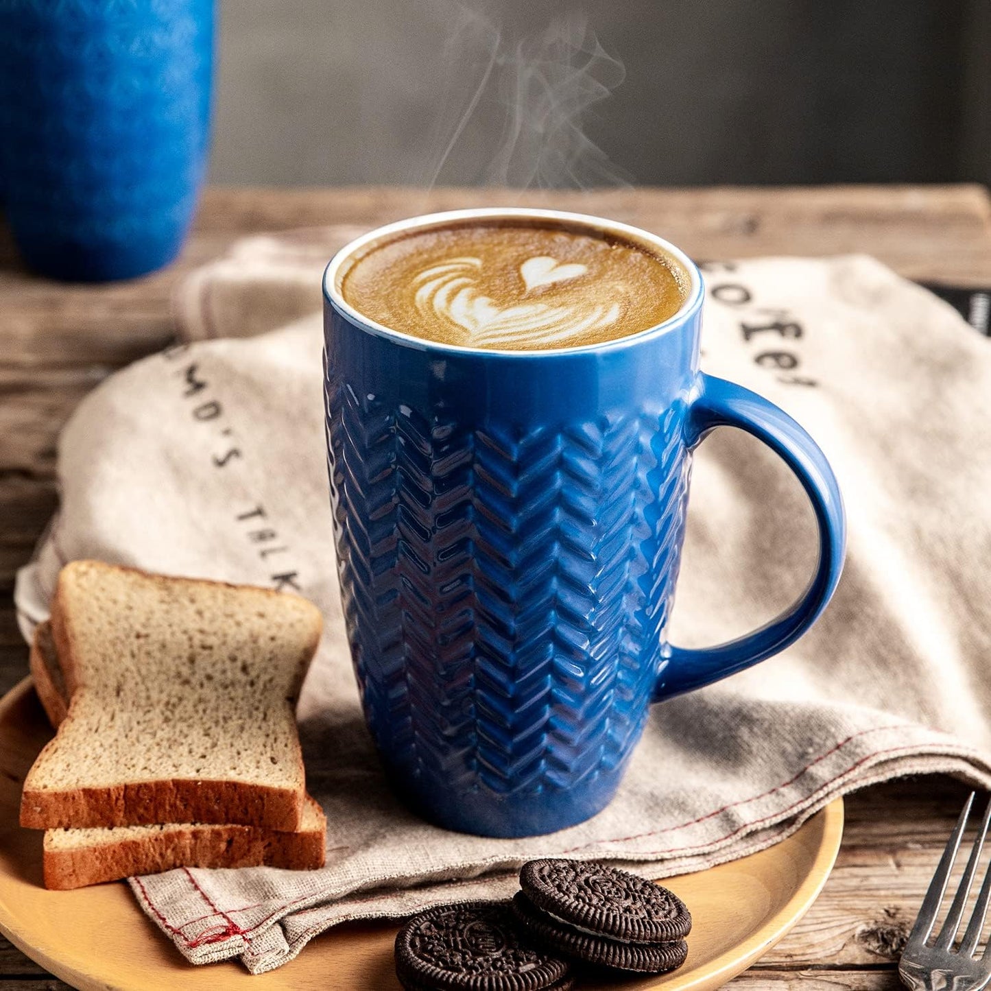 AmorArc Extra Large Coffee Mugs Set of 6, 20oz Ceramic Tall Coffee Mugs Set with Textured Geometric Patterns for Latte/Tea/Beer/Hot Cocoa, Dishwasher & Microwave Safe, Blue