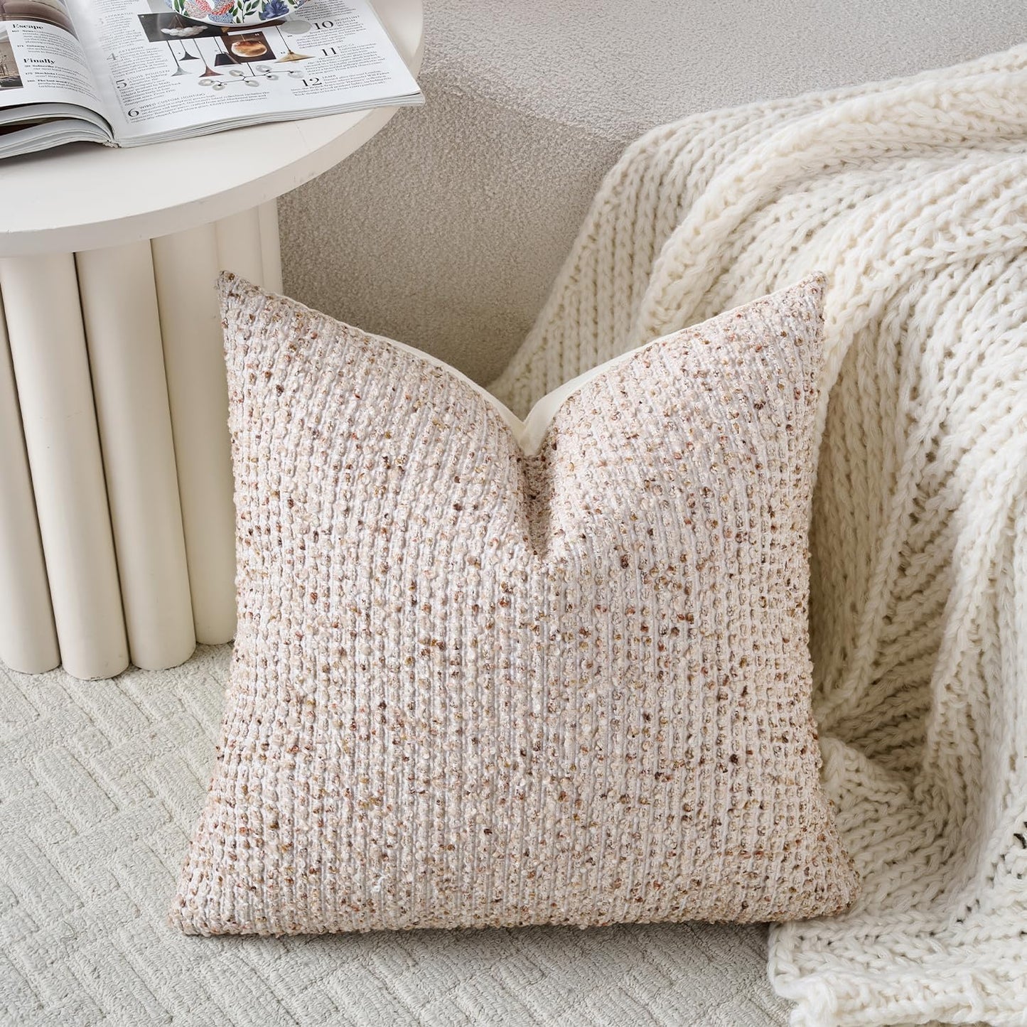 Striped Throw Pillow Covers 16x16 Set of 2 Beige Textured Boucle Chic Morden Boho Accent Farmhouse Square Decorative Couch Pillow Covers for Home Decor Bed Sofa Living Room