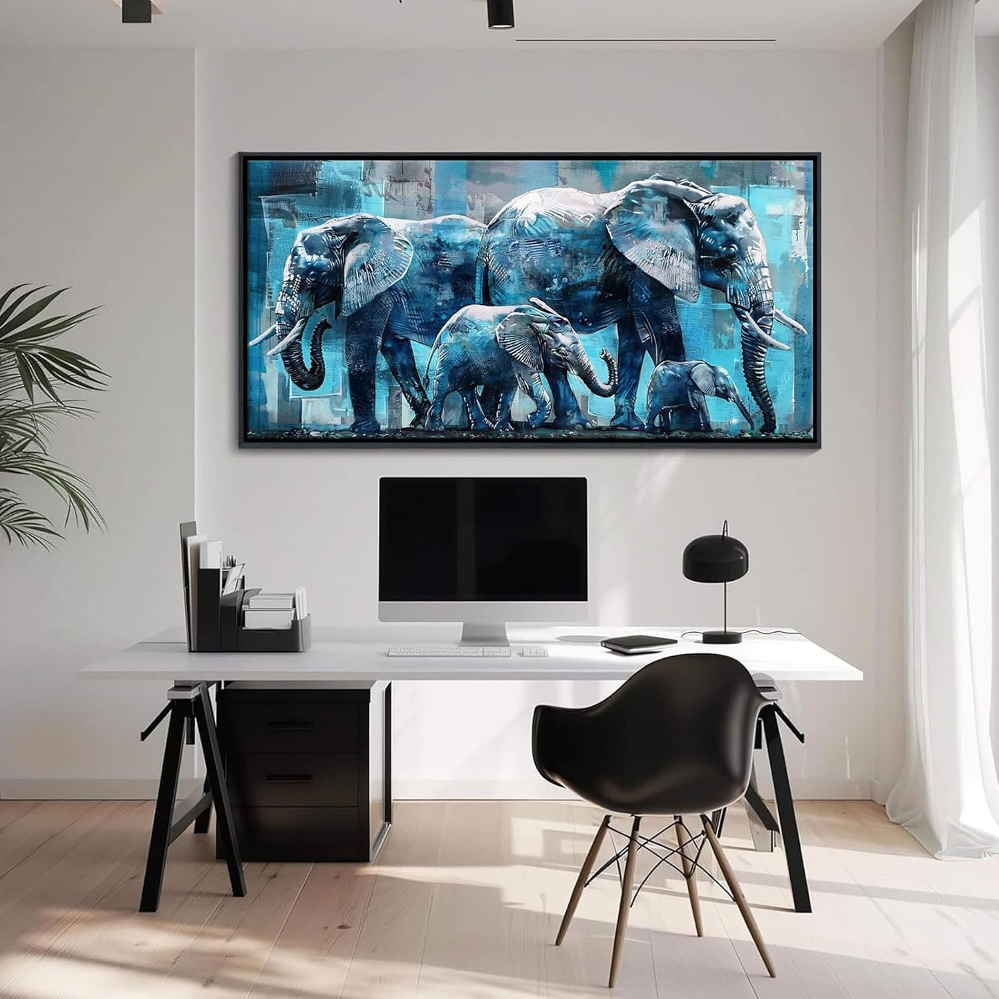 Elephant Canvas Wall Art - Framed Oil Painting Style with Black Wood Frame, Jungle Animal Decor for Living Room, Bedroom & Office 30x60 Inches - Ready to Hang
