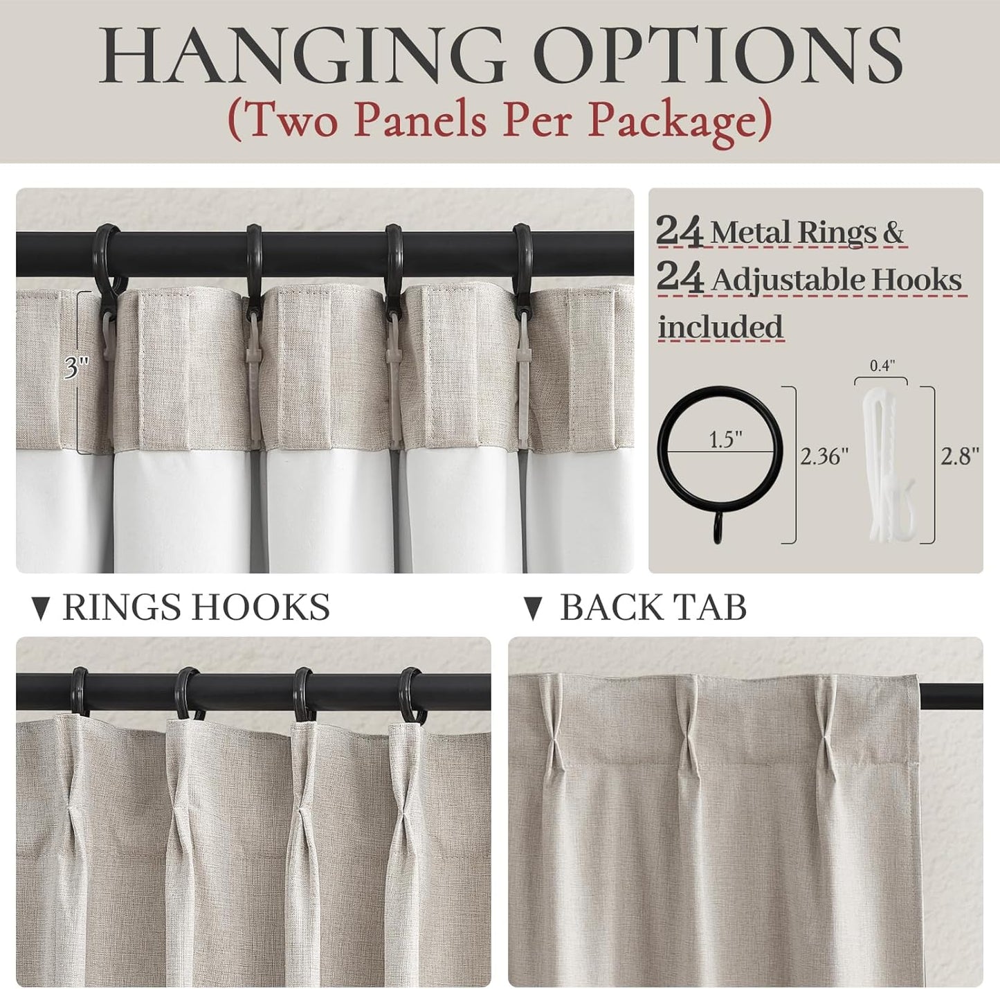 Curtains 70 Inch Length Wide Pinch Pleated Blackout for Sliding Glass Door, Farmhouse Natural Linen Thick Thermal for Summer Heat/Sound Noise Reducing Heavy Large Window Drapes (70"Wx102"Lx2Panels)