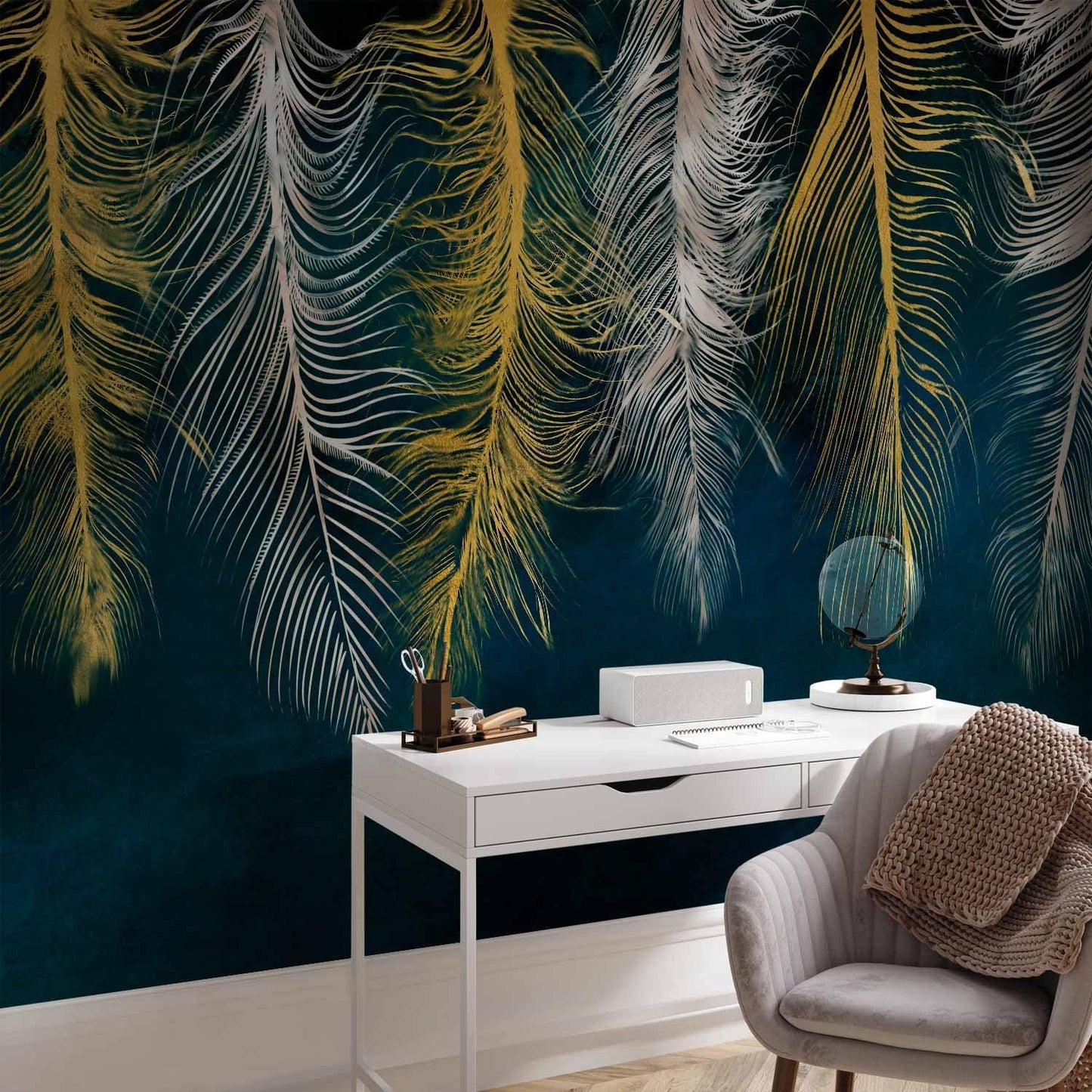 artgeist Wall Mural Feather 79x55 in - XXL Non-Woven Wallpaper Fleece Wall Decor Photo Print Picture Image Design Landscape Abstract Beige Navy Blue b-A-0812-a-a