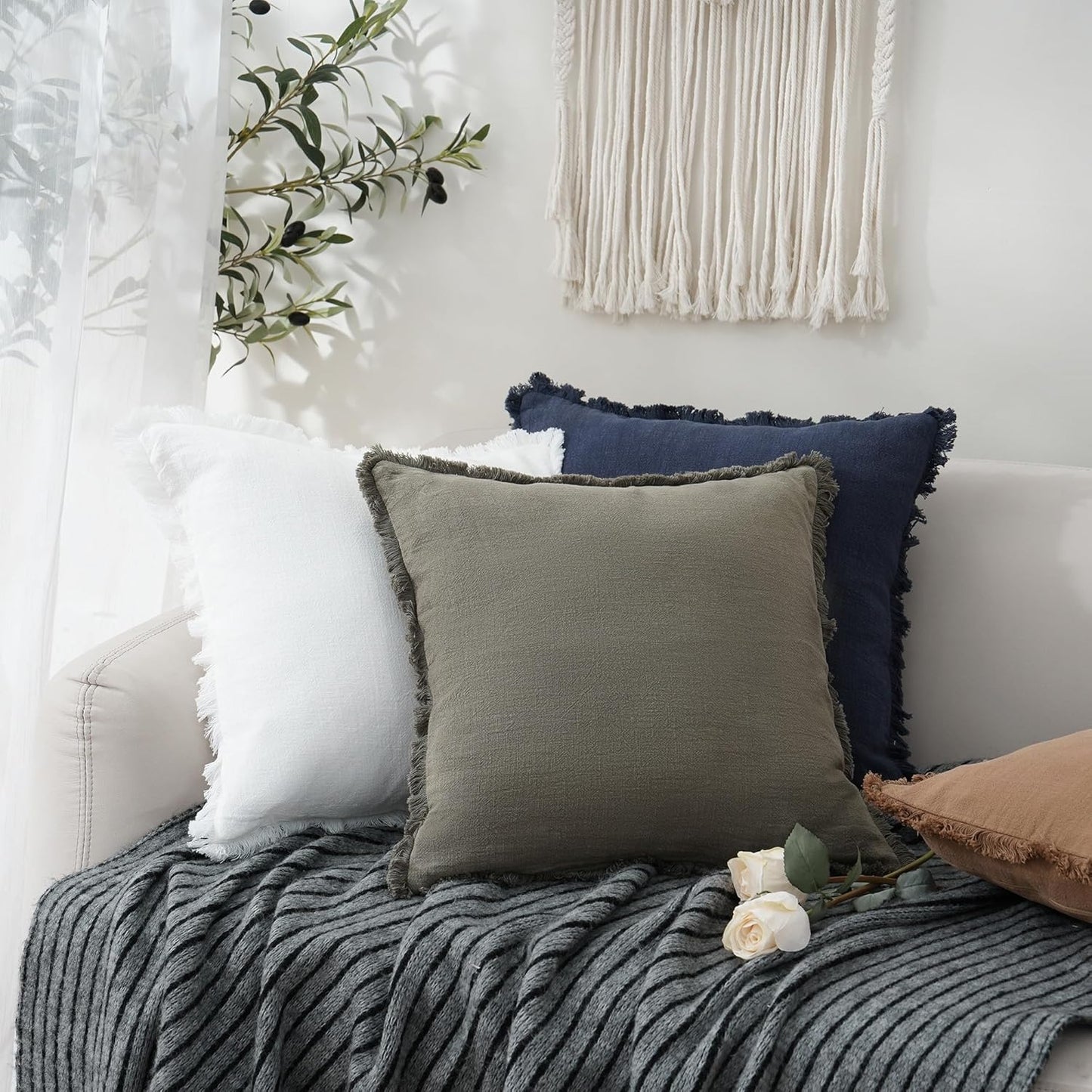 Foindtower Set of 2 Decorative Linen Fringe Throw Pillow Covers Cozy Boho Farmhouse Cushion Cover with Tassels Soft Accent Pillowcase for Couch Sofa Bed Living Room Home Decor,24×24 Inch,White