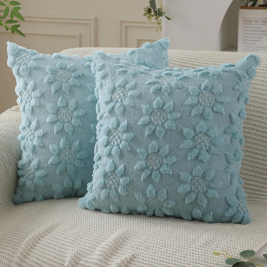 DFXSZ Spring Summer Pillow Covers 16x16 inch Set of 2 Farmhouse Decor White Flower Heart Sunflower Blue Soft Plush Faux Fur Jacquard Throw Pillows for Sofa Holiday Spring Home Decor PTK024G16
