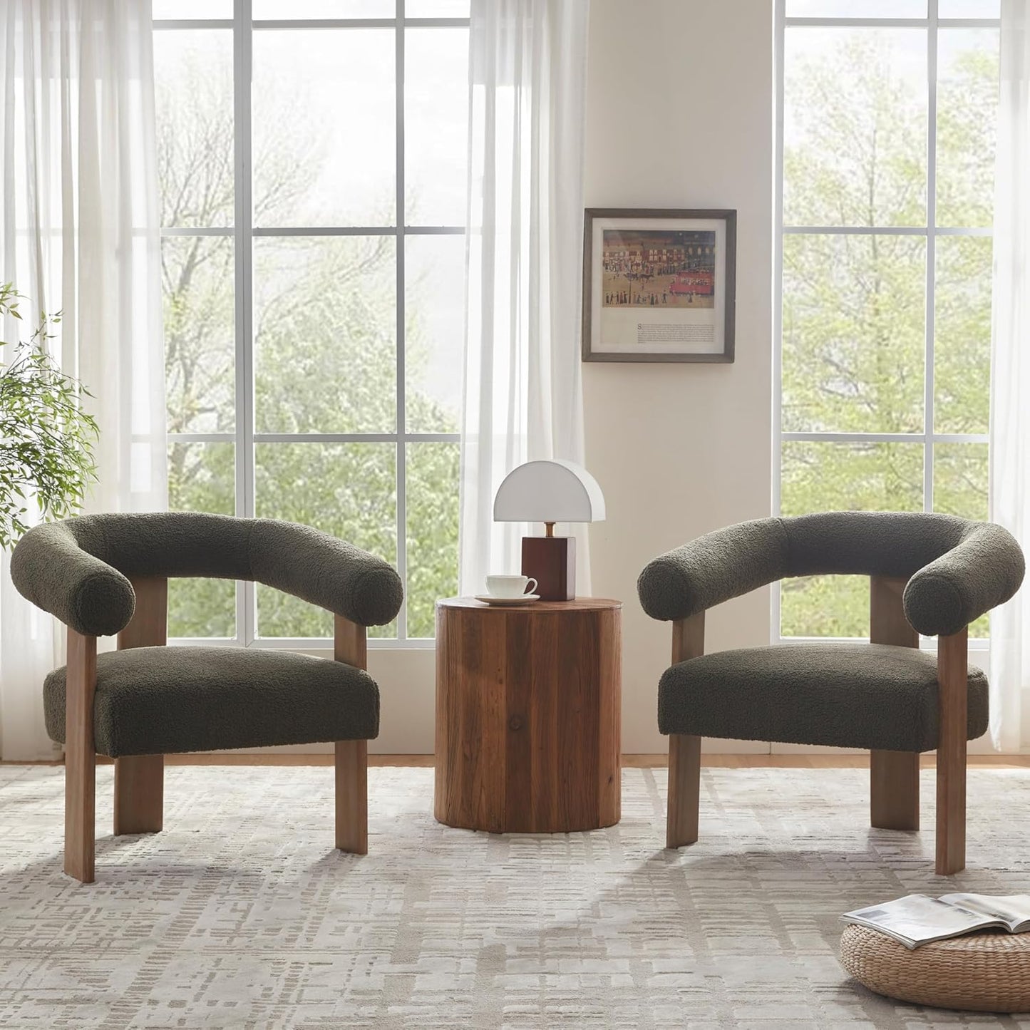 VKNOW Accent Chair Living Room Chair Set of 2, Modern Upholstered Armchair with Solid Wood Legs, Comfy Barrel Arm Chairs for Living Room Bedroom, Sage Green