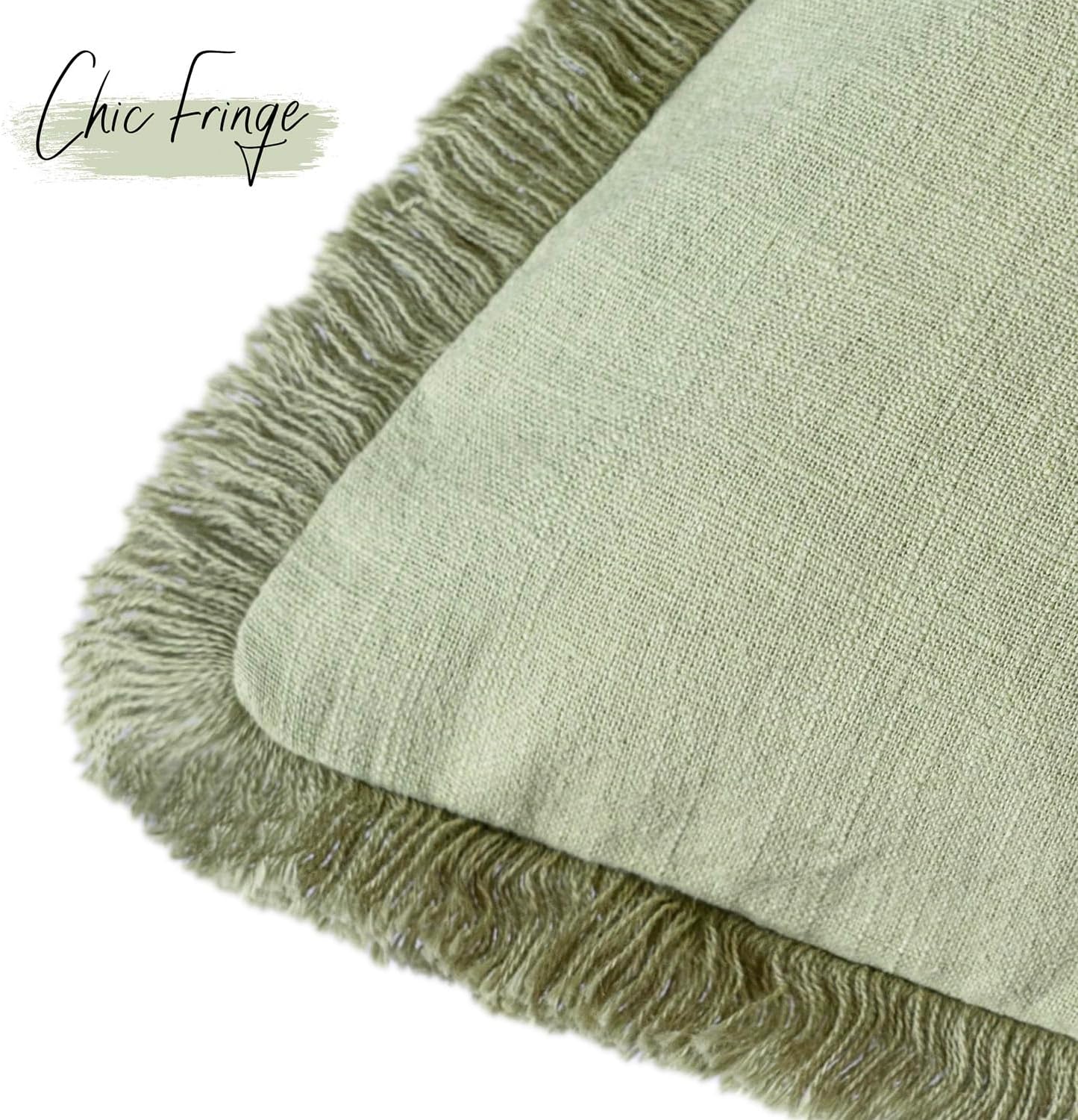 Foindtower Set of 2 Decorative Linen Fringe Throw Pillow Covers Boho Farmhouse Cushion Cover with Tassels Soft Accent Pillowcase for Couch Sofa Bed Living Room Home Decor,20×20 Inch,Light Sage Green