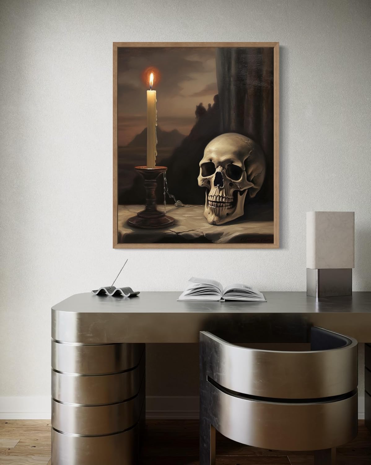 Skull and Candle Poster Art Print, Halloween Scary Vintage Wall Art Academia Spooky Painting Decoration for Horror Prints, Gothic Posters Bedroom Decor 89 (Skull and Candle, 8 x 10 inches, Wood Frame)