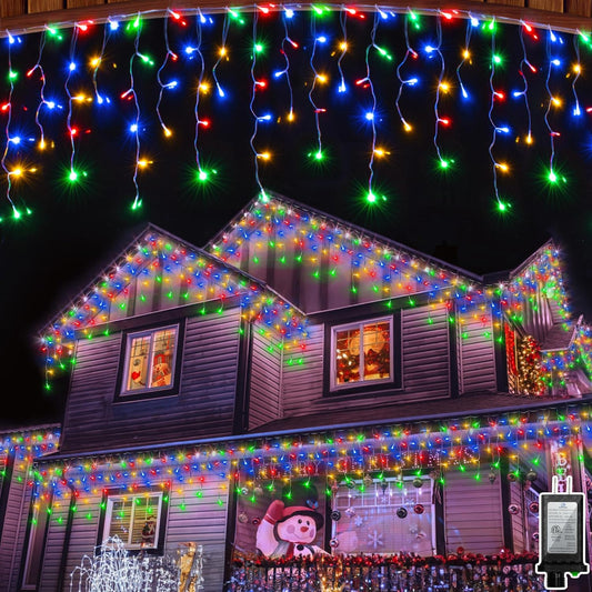504LED 50ft Christmas Lights, 112Drops 12 Modes Multicolor Christmas String Lights Outdoor Dimmable, Waterproof Christmas Decoration Fairy Lights with Timer for Indoor Eaves Party Patio Window Fence