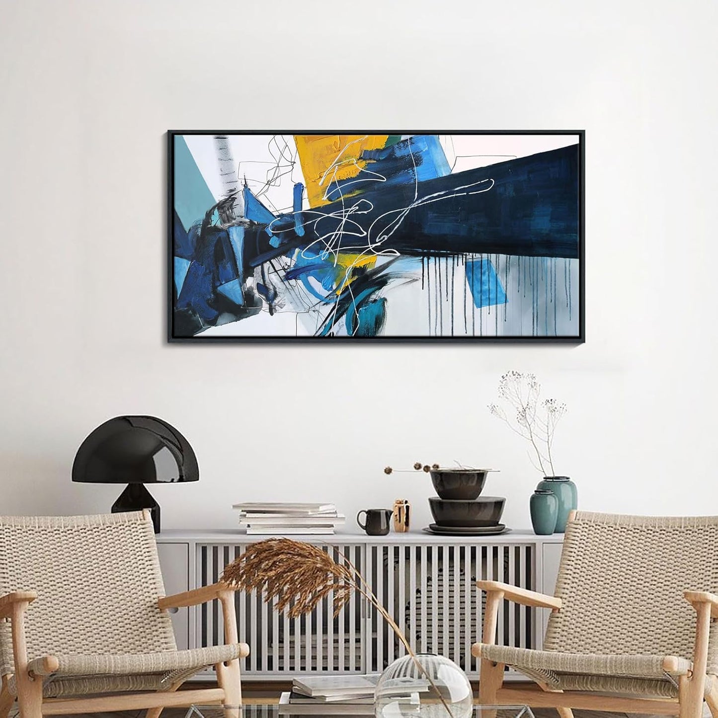 KLAKLA Large Abstract Canvas Wall Art for Living Room - Blue and white Framed Wall Decor Living Room Picture Artwork for Office Bedroom Decorative Paintings
