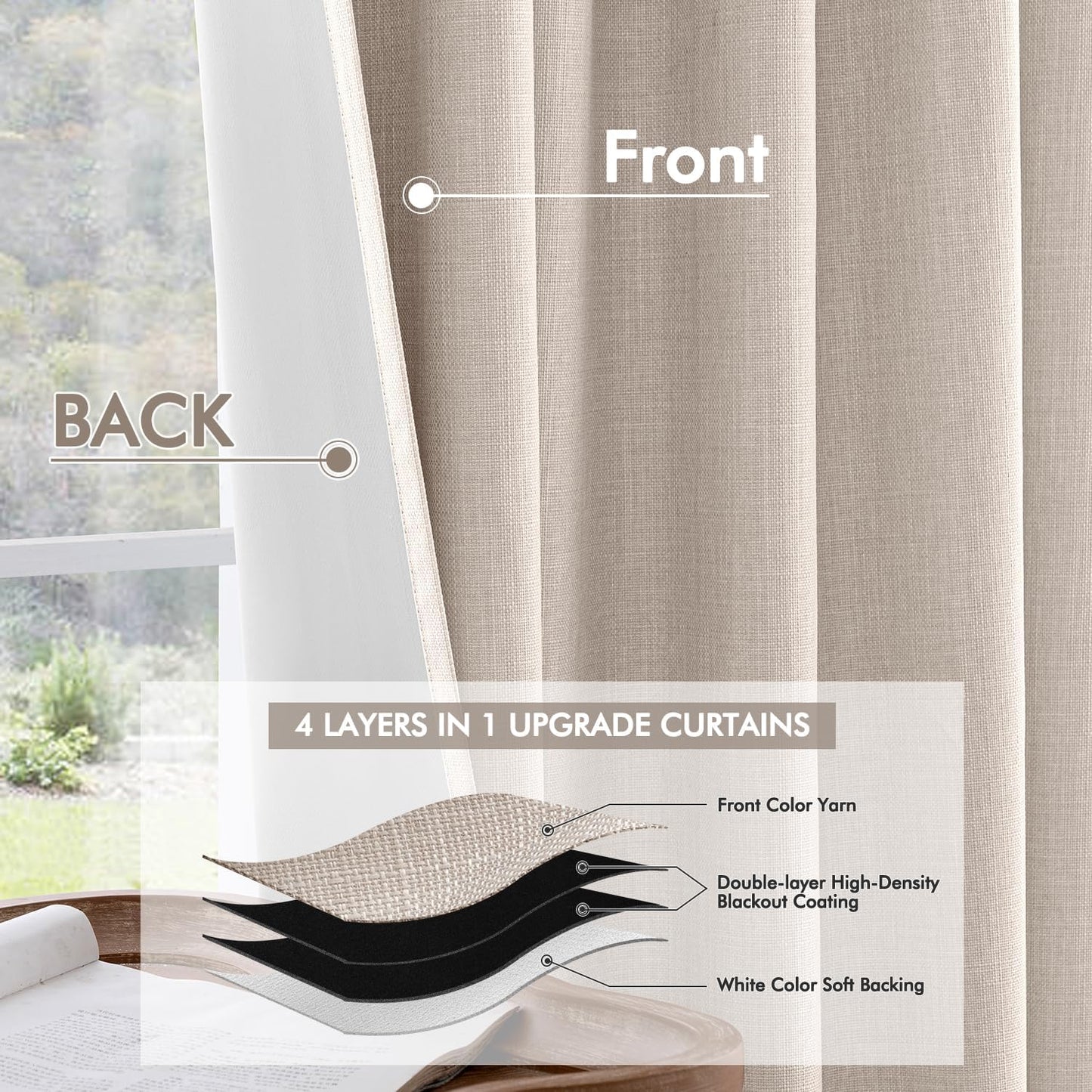 MIULEE 100% Blackout Curtains 108 Inch Long 2 Panels Set for Bedroom, Thick Luxury Faux Linen Black Out Curtain Room Darkening Back Tab Pleat Window Textured Drapes with Hooks for Living Room, Beige