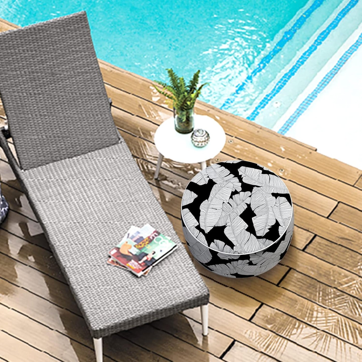 LVTXIII Inflatable Stool Ottoman Footrest with Handle, Indoor or Outdoor Foot Rest for Home Patio Garden and Camping, D21 x H9, Black Lush Leaf Jungle