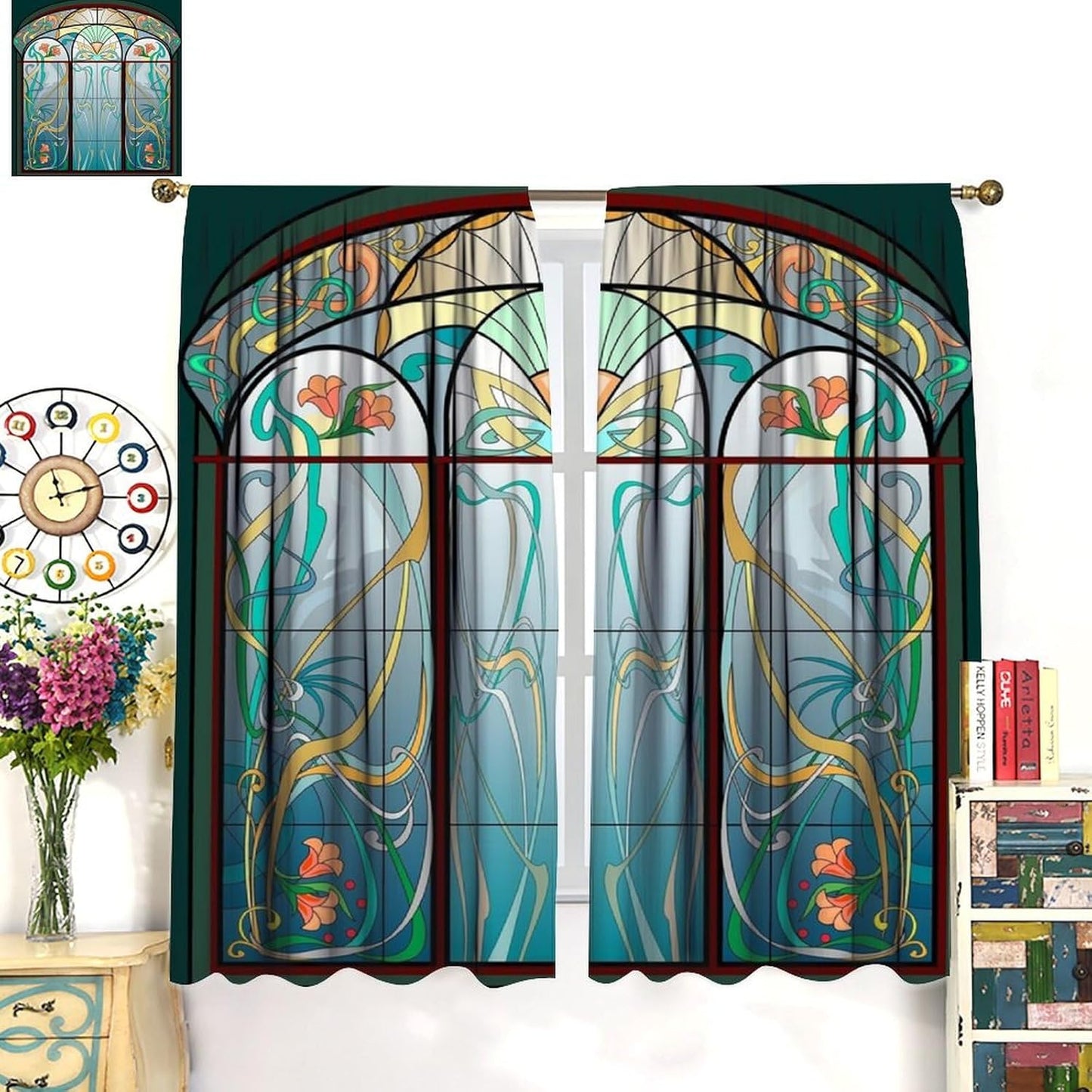 Stained Glass Curtains, Retro Mid Century Boho Abstract Art Home Decor Drapes for Bedroom Living Room Kitchen Window Treatment 2 Panels Set Total Size 72" W X 63" L Inch