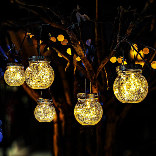 Cooo 6 Pack Crackle Glass Solar Lantern with 30 LED Firefly Lights– Waterproof Outdoor Hanging Lamp 215% Larger Solar Panel, Anti-Rust Lids Decorative Lighting for Garden Patio Table