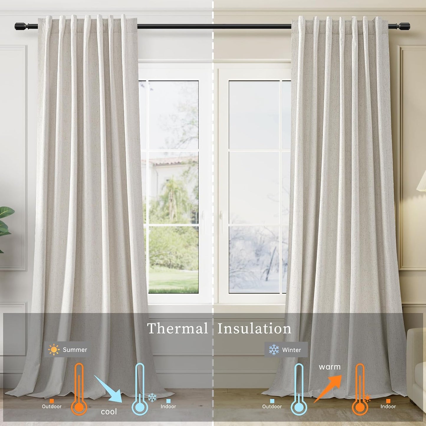 BOODII Linen Blackout Curtains for Bedroom 72 Inch Length 2 Panels Set Room Darkening Curtains Natural Beige Black Out Curtain Neutral Thermal Insulated Living Room Nursery Drapes Back Tab 52x72