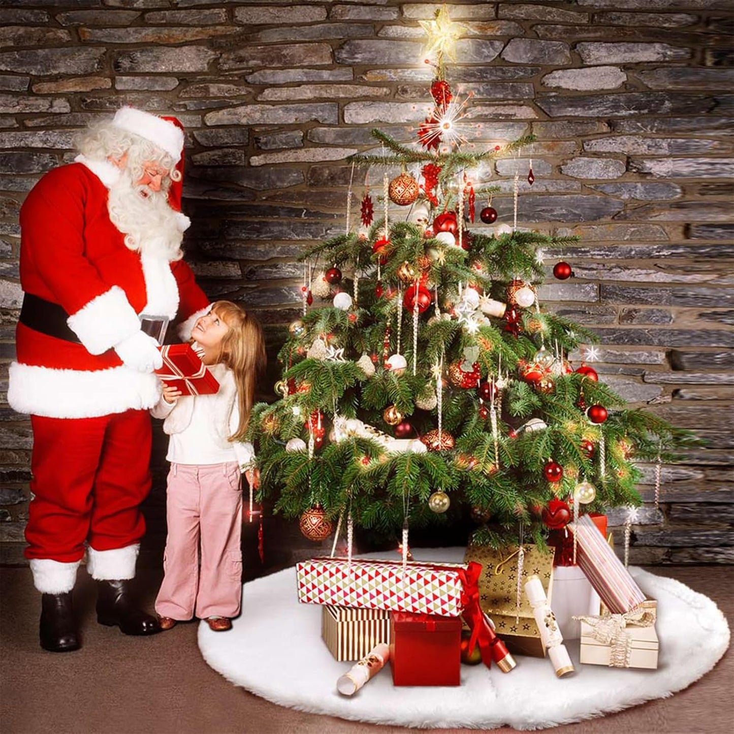 AerWo Christmas Tree 60 inches White Plush Skirt Decoration for Merry Christmas Party, High-End Soft Classic Fluffy Faux Fur Christmas Tree Skirt Decorations for Xmas Tree Decorations and Ornaments