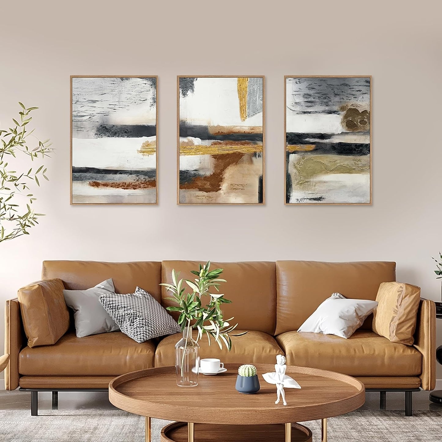 Modern Abstract Framed Canvas Wall Art Set, Neutral Textured Wall Decor, Boho Minimalist Gold and Gray Wall Painting for Living Room, Bedroom, Dining Room, Office - 16" x24" x3