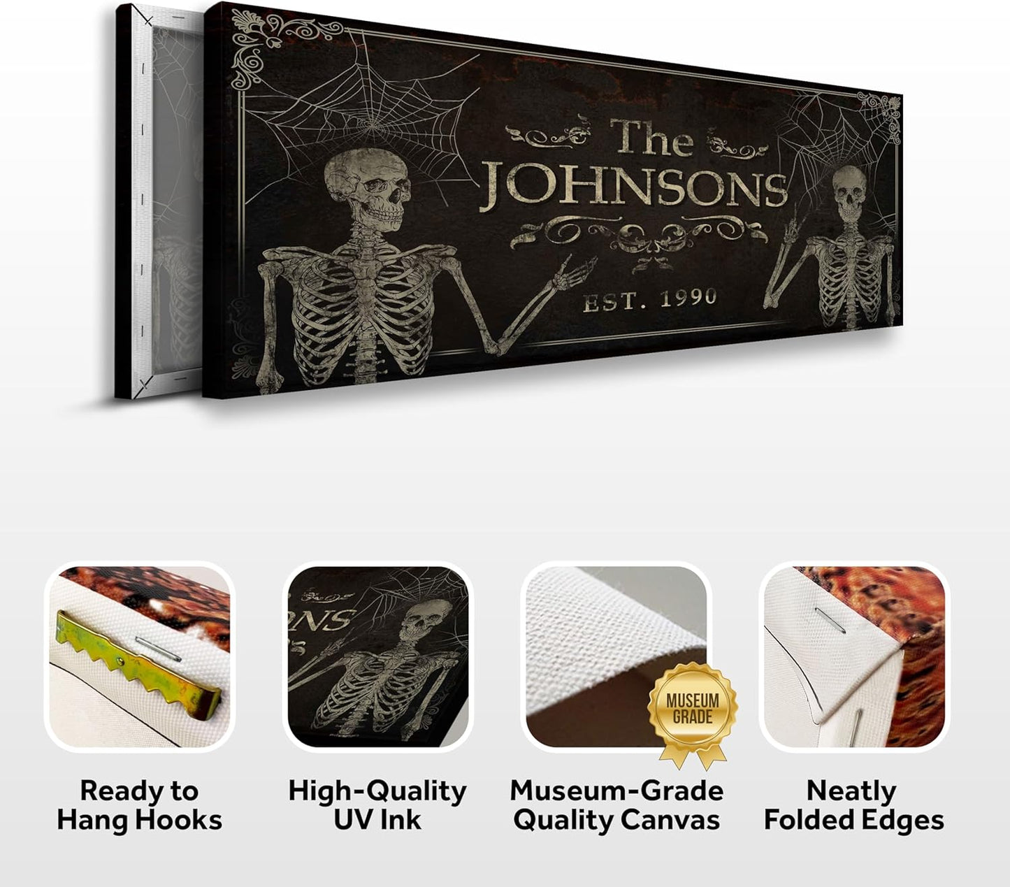 Tailored Canvases Gothic Family Wall Decor - Personalized Grunge Vintage Skeleton Room Decor for Home, Halloween Lovers, Men & Women for Bedroom, Living Room - Goth Spooky, Custom Couple Name, 48"x16"