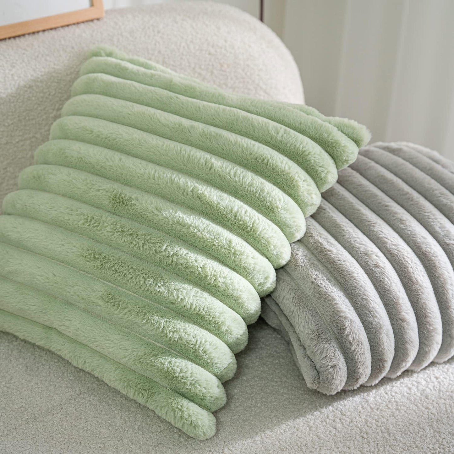 DEELAND Pack of 2,Double-Sided Faux Fur Plush Decorative Throw Pillow Covers Fuzzy Striped Soft Pillowcase Cushion Covers for Sofa Couch Bedroom Green 20x20 inch