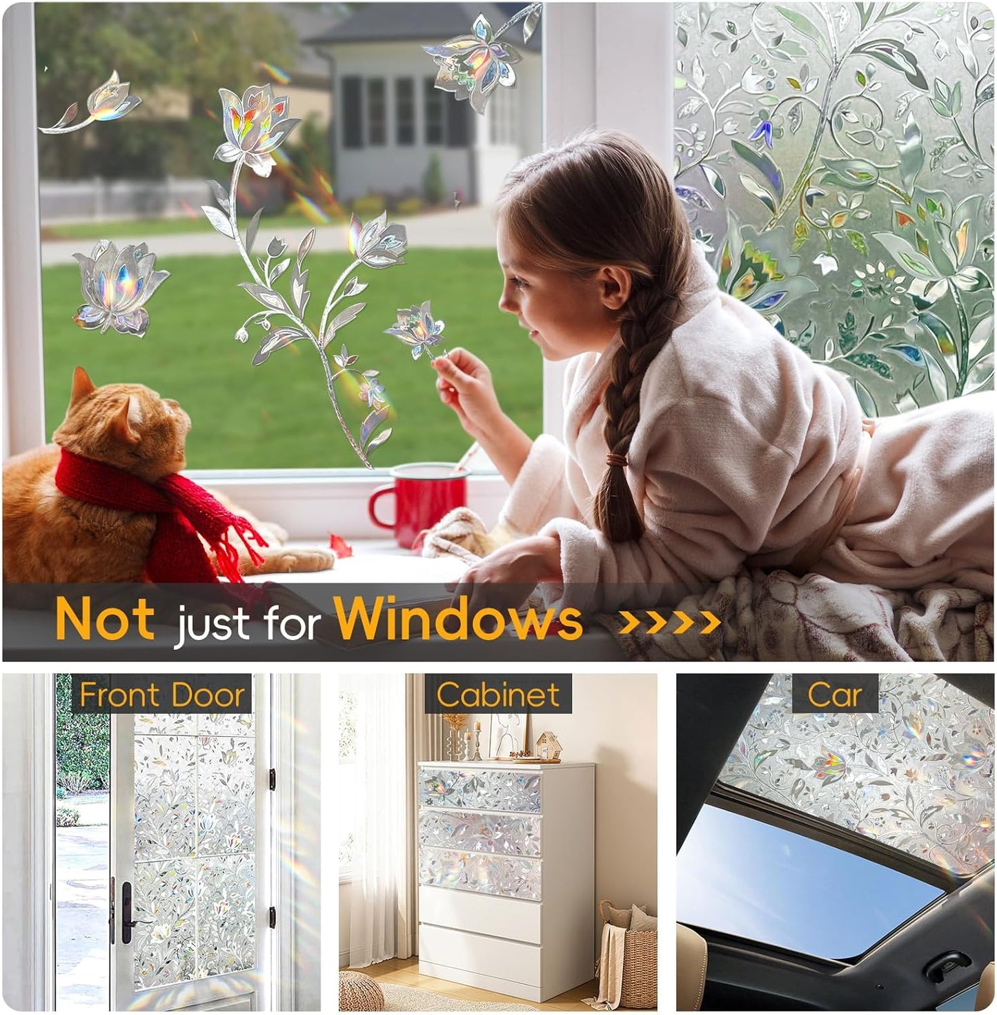 Rainbow Window Privacy Film Decorative, Stained Glass Window Tint for Home, 3D Decals Window Clings for Glass Windows, Static Cling Window Sticker, Suncatcher Window Cover,23.6" by 157.4"