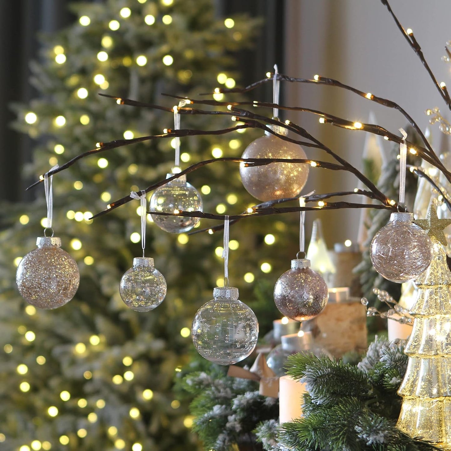 Sea Team Christmas Baubles Set Clear Plastic Shatterproof Multi-Size Decorative Christmas Balls with Stuffed Delicate Decorations (48 Pieces, Rose Gold)