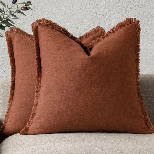 Foindtower Set of 2 Decorative Linen Fringe Throw Pillow Covers Farmhouse Cushion Cover with Tassels Soft Accent Pillowcase for Couch Chair Sofa Bed Living Room Home Decor,16×16 Inch,Fall Rust Orange