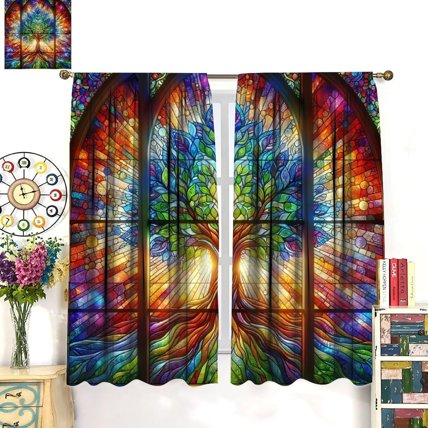 Stained Glass Curtains,Tree of Life Colorful Abstract Art Home Decor Drapes for Bedroom Living Room Kitchen Window Treatment 2 Panels Set Total Size 55" W X 63" L Inch