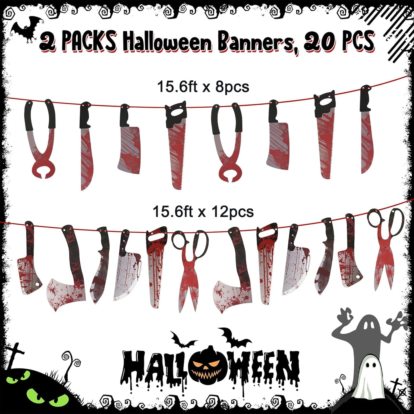 Halloween Decorations, 5 Sheets Wall Decals-Bloody Handprint Stickers, 2 Pack Halloween Banners and 2 PCS Caution Tape Rolls 3inx30ft for Haunted Mansion, Outdoor, Indoor, Party Decor