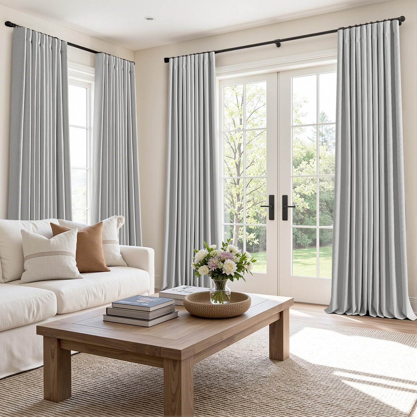 MIULEE 100% Blackout Curtains 96 Inch Long 2 Panels Set for Bedroom, Thick Luxury Faux Linen Black Out Curtain Room Darkening Back Tab Pleat Window Textured Drapes with Hooks for Living Room, Grey