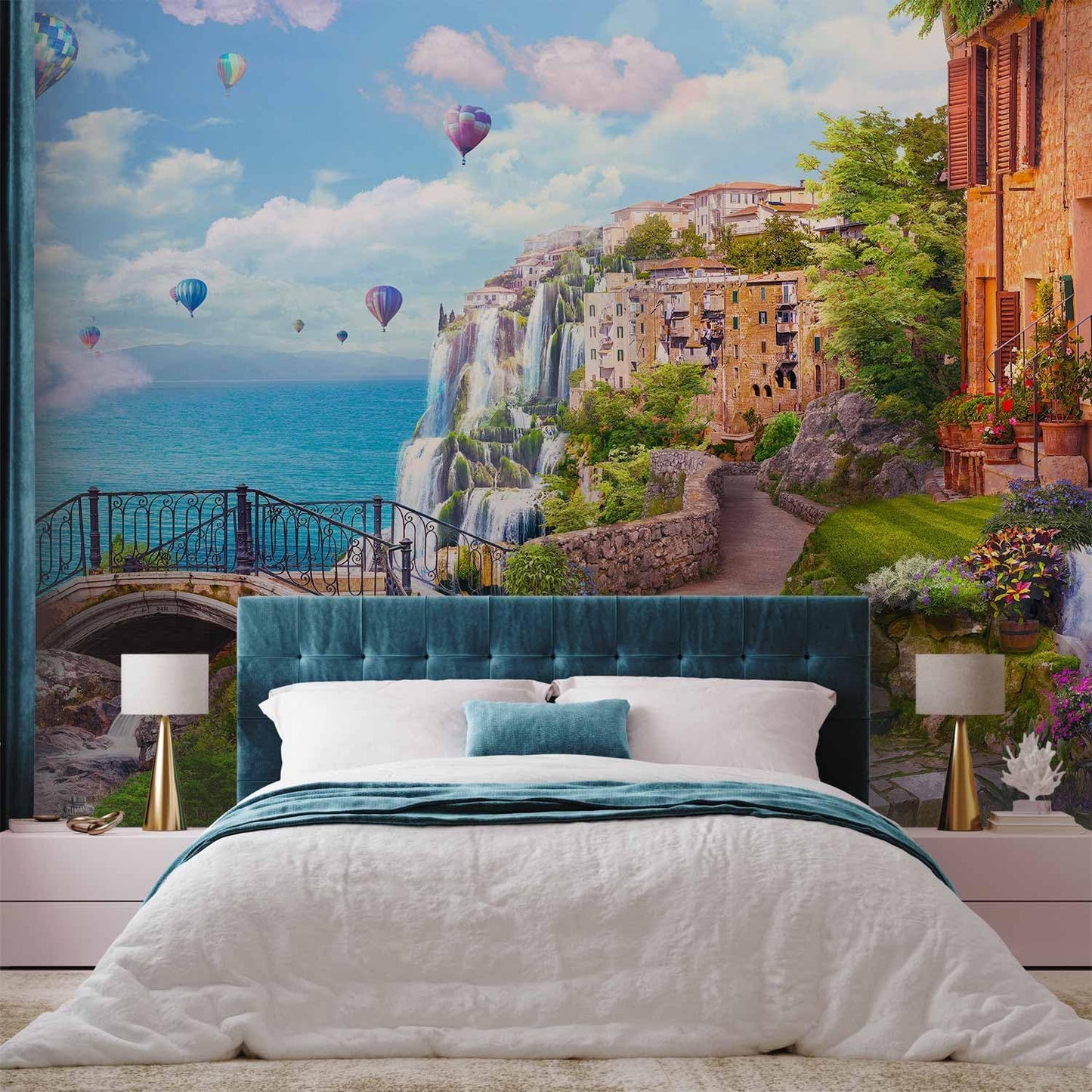 artgeist Wall Mural Peel and Stick Landscape 212x98 in - XXL Self-Adhesive Corner Wallpaper Removable Large Sticker Foil Angle Wallpaper Baloons Waterfall Architecture Landscape Clouds c-B-10182-a-a