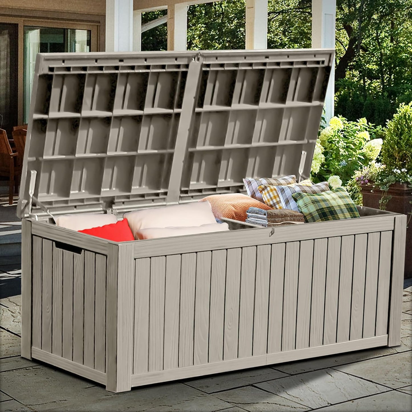 YITAHOME 150 Gallon Large Outdoor Storage XL Deck Box w/Divider for Patio Furniture,Outdoor Cushions, Garden Tools, Sports Equipment and Pool Supplies, Waterproof, Resin, Lockable, Taupe