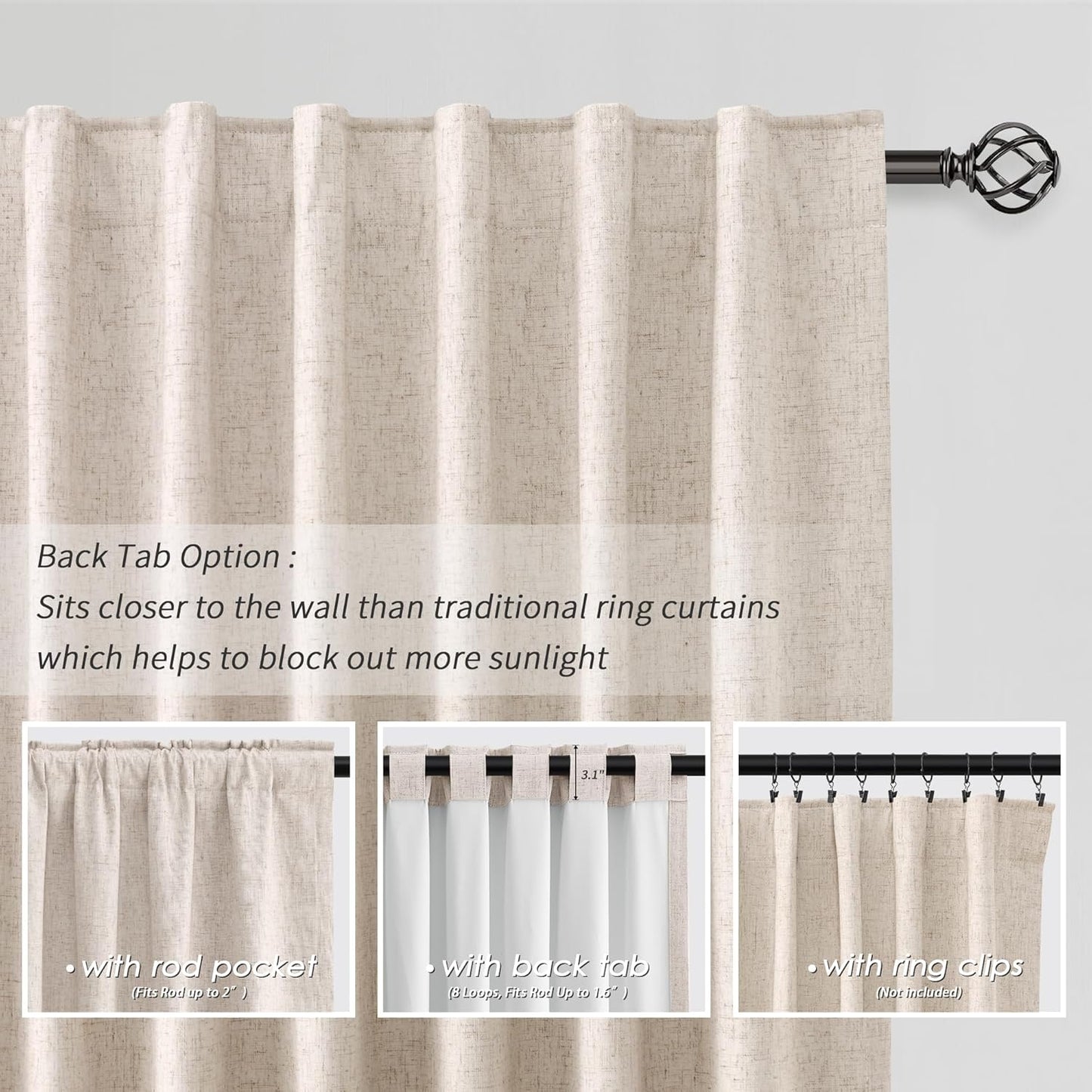 BOODII Oatmeal Room Darkening Curtains 96 Inch Long for Living Room Back Tab Blackout Curtains Neutral Aesthetic Linen Textured Thermal Insulated Black Out Curtain Light Blocking Warm Taupe