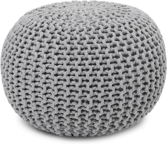 REDEARTH Round Boho Pouf Ottoman - Cable Knitted Cord Boho Pouffe - Stuffed Poof Accent Beanbag Footrest for Living Room - Nursery - Bedroom - Covered Patio - Study Nook (18”x18”x14”) - Gray-S