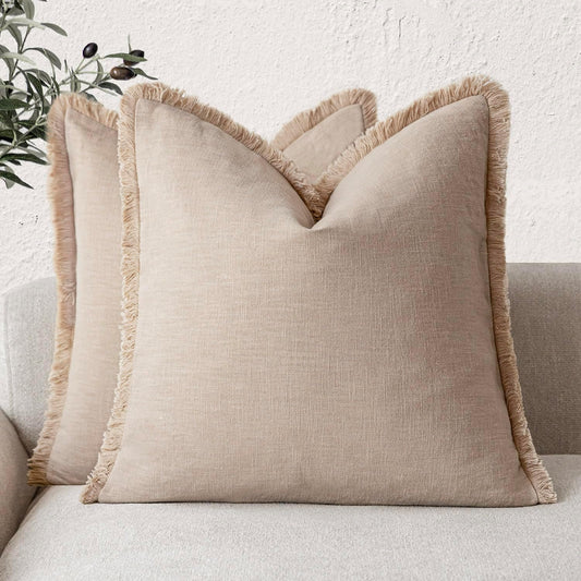 Foindtower Set of 2 Decorative Cozy Farmhouse Cushion Cover Linen Fringe Throw Pillow Covers with Tassels for Couch Sofa Bed Living Room Home Decor,26×26 Inch,Tan Beige