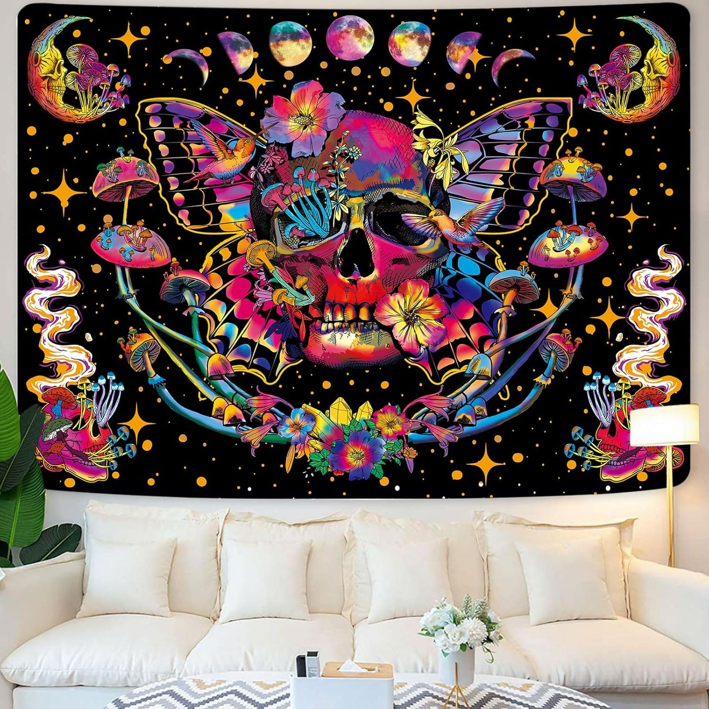 Xiaoput Blacklight Skull Tapestry for Bedroom & Living Room, UV Reactive Mushroom Butterfly & Moth Moon Flowers Tapestry, Hippie Skeleton Wall Hanging 70x60IN