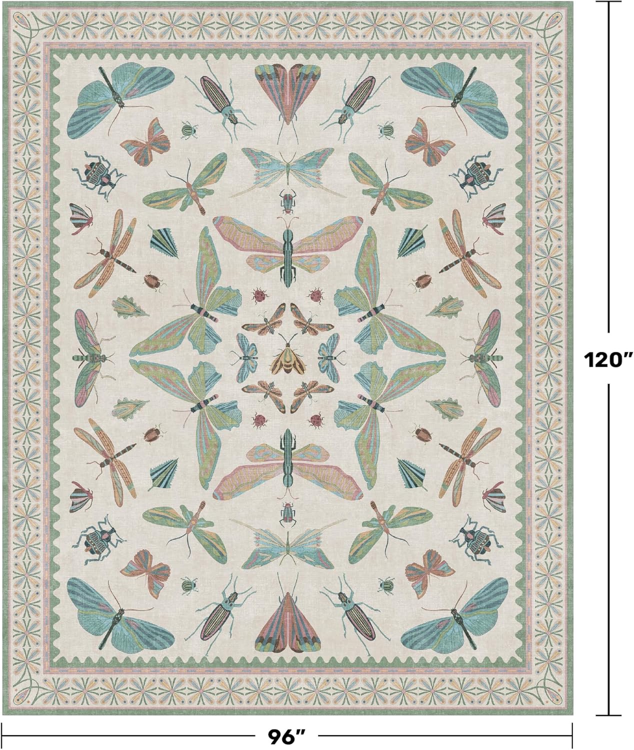 Green Butterfly Rugs for Girls Bedroom - 8x10 Floral Area Rug for Living Room, Dining Room Under Kichen Table, Washable Lightweight Insect Print Large Carpet Indoor