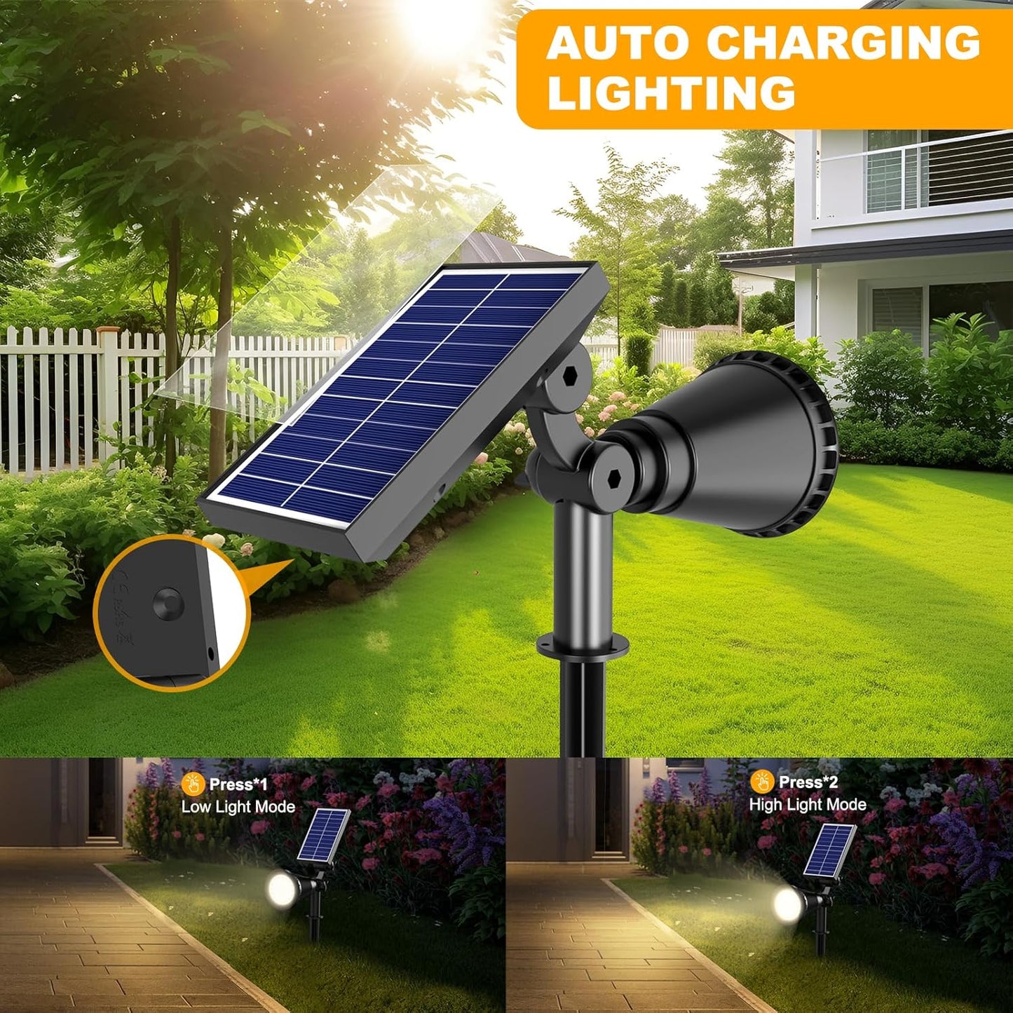 Solar Spot Lights Outdoor, 36 LEDs Solar Landscape Lighting with 2200mAh, Outdoor Lights Auto On/Off 2-in-1 Wall or Ground Solar Powered for Yard Garden- 2 Pack (Warm White)