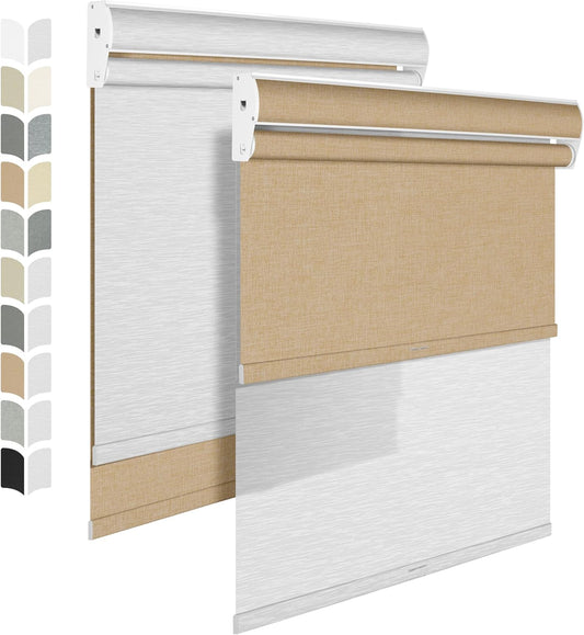 BERISSA Cordless Dual Roller Shades with Cassette Valance, Double Window Shades - Blackout and Light Filtering - Day and Night - Linen Beige and White - 39 W x 44" H